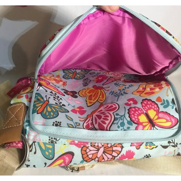 Lily Bloom Butterfly Print Crossbody Bag Tan Trim Pink Lining Pockets 10" x 9" - Picture 8 of 16